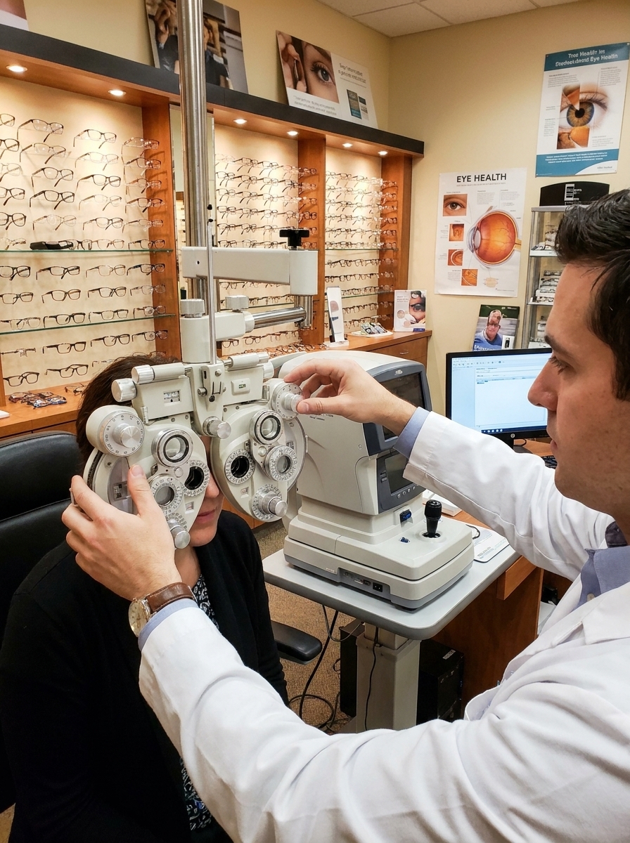 Exame de vista com equipamento de optometria